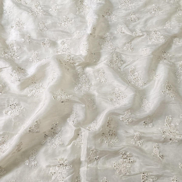 Cotton Silk Embroidered White Flower Fabric