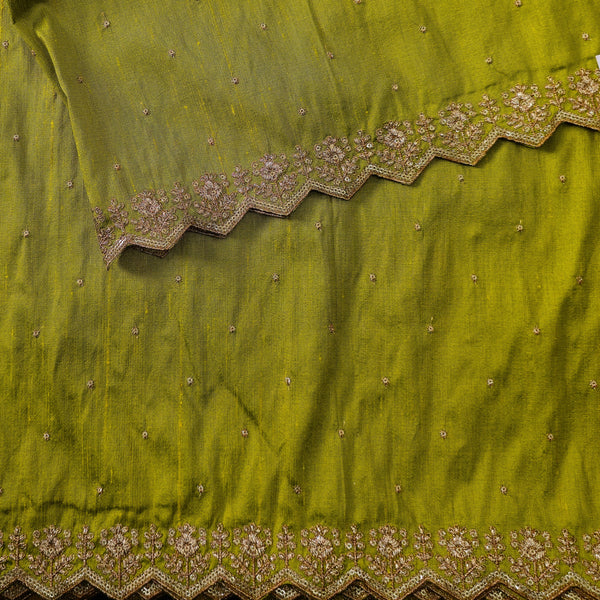 Cotton Silk Mahindi Green With Goldenish Heavy Aari Work Border Hand Woven Fabric
