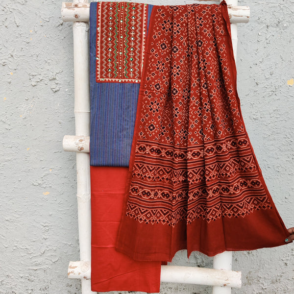 DIYA-Pure Cotton Blue With Red Intricate Design Yoke And Plain Red Bottom And Cotton Dupatta