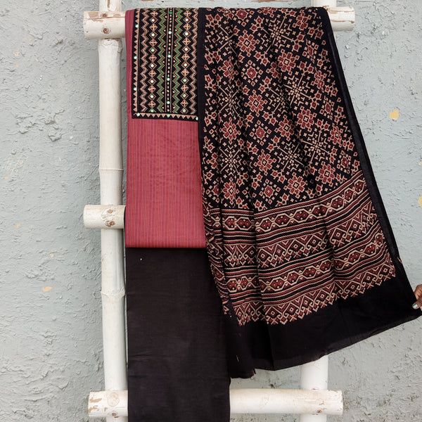 DIYA-Pure Cotton Dark Brownish With Black Intricate Design Yoke And Plain Black Bottom And Cotton Dupatta