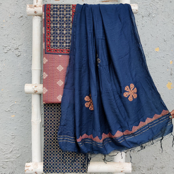 DIYA-Pure Cotton Light Brown With Intricate Design Yoke And Navy Blue With Cream Jaal Bottom And Cotton With Flower Applique Work Dupatta