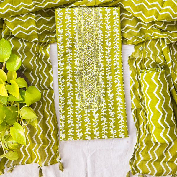 DIYA - Pure Cotton Lime Green  with Embroieded nack Suit