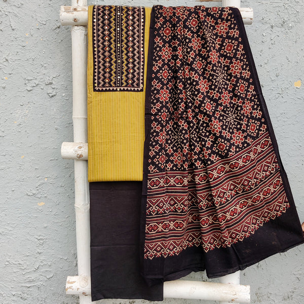 DIYA-Pure Cotton Mustard With Black Intricate Design Yoke And Plain Black Bottom And Cotton Dupatta