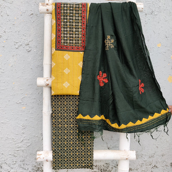 DIYA-Pure Cotton Mustard With Intricate Design Yoke And Dark Green And Yellow Jaal Bottom And Cotton With Flower Applique Work Dupatta