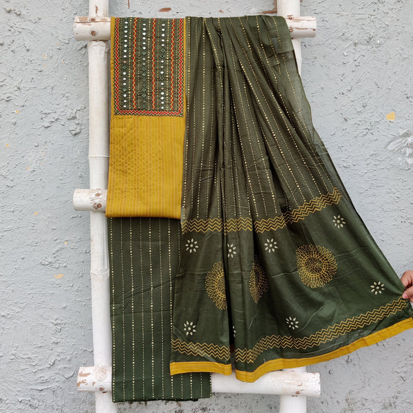 DIYA-Pure Cotton Mustard With Mahindi Green Intricate Design Yoke And Cotton Mahindi Green Bottom And Cotton Dupatta