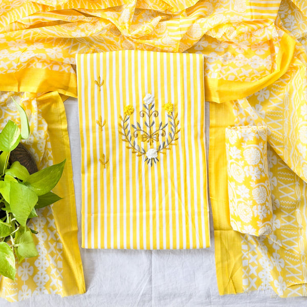 DIYA-Pure Cotton  Yellow With White stripes  Embroidered Yoke Suit