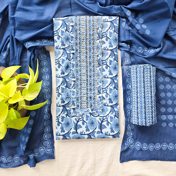 DIYA- pure cotton blue With  Screen Print With Aari Work Yoke digital print suit