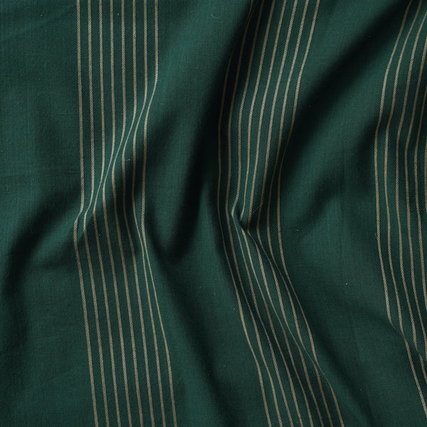 pure Cotton Handloom Green With Golden Stripes Border Woven Fabric