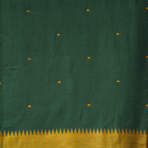 Pure Cotton Handloom Dark Green With Yellow Diamond Dots And Temple Border Woven Fabric