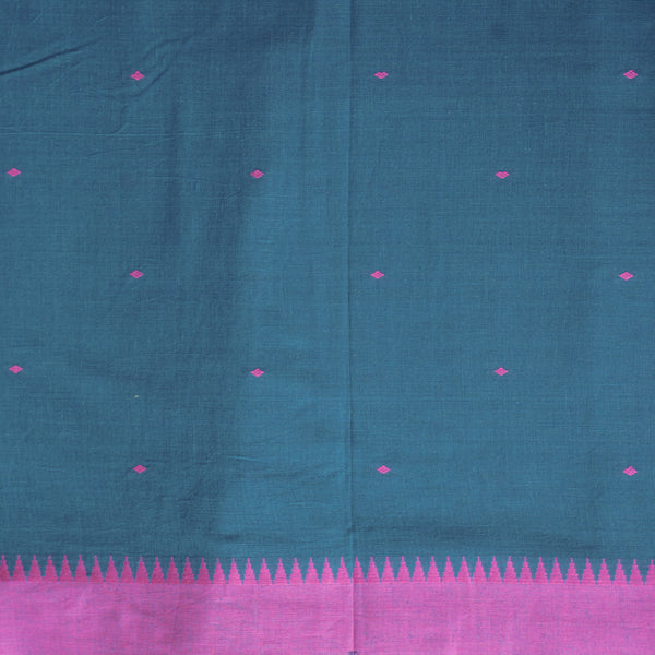 Pure Cotton Handloom Teal Blue With Pink Diamond Dots And Temple Border Woven Fabric