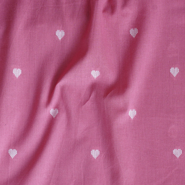 ( PRE-CUT 1.50 METER ) Pure Cotton Handloom Baby Pink With White Hearts Woven Fabric