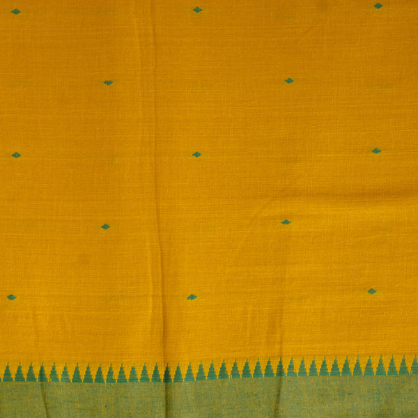 Pure Cotton Handloom Mustard Yellow With Green Diamond Dots And Temple Border Woven Fabric