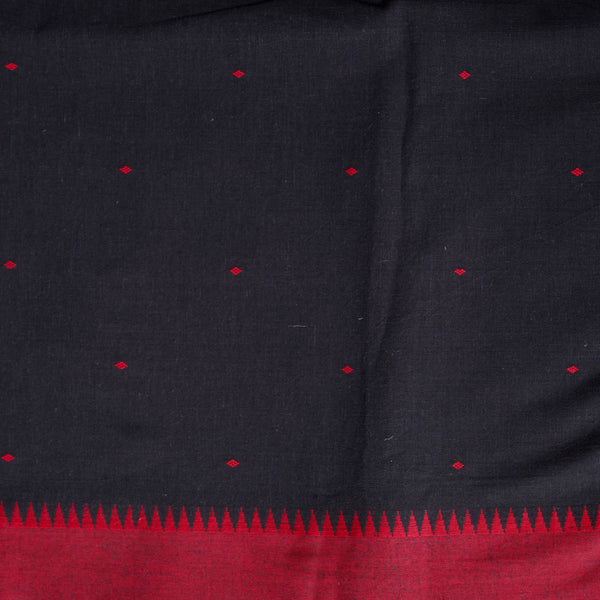 Pure Cotton Handloom Black With Red Diamond Dots And Temple Border Woven Fabric