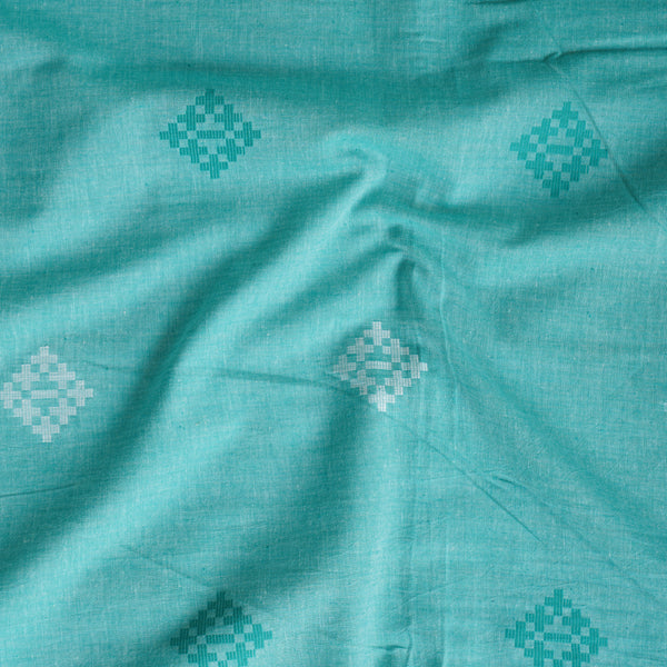 Pure Cotton Handloom Light Blue With White And Green Motifs Woven Fabric