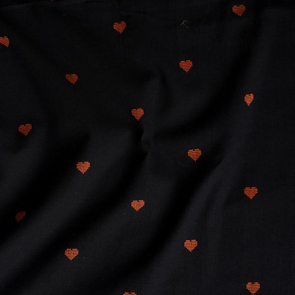 Pure Cotton Handloom Black With Orange Hearts Woven Fabric