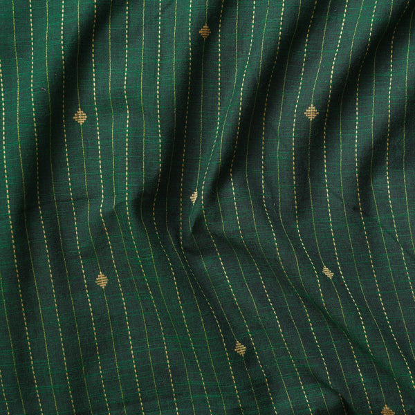 Pure South Cotton Dark Green With Zari And Thread Stripes And Tiny Diamond Motifs Woven Fabric