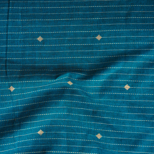 Pure South Cotton Teal Blue With Zari And Thread Stripes And Tiny Diamond Motifs Woven Fabric