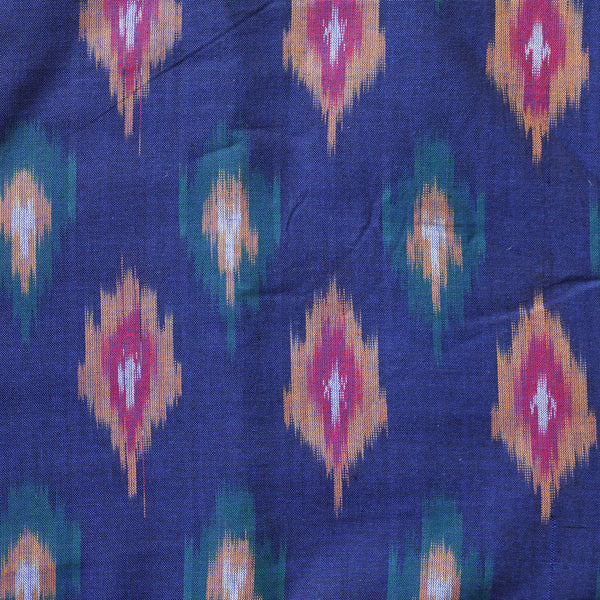 Pure Cotton Mercerised Ikkat Navy Blue With Yellow And Green Motif Woven Fabric