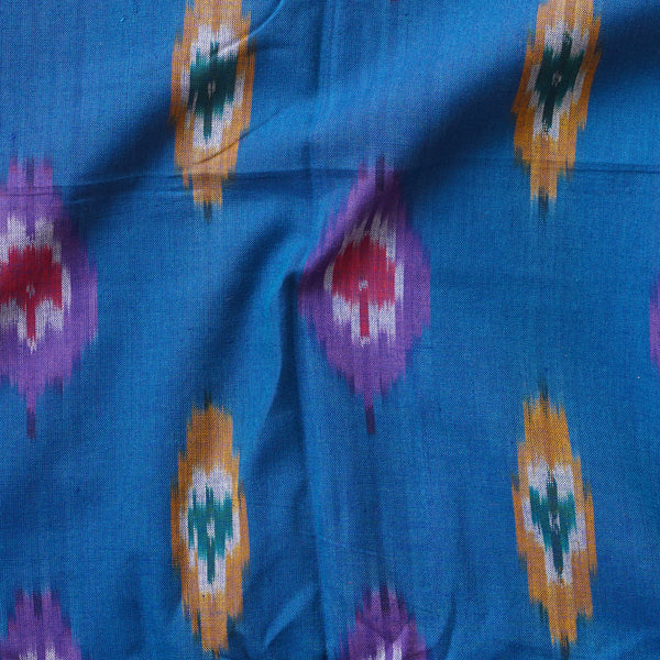 Pure Cotton Mercerised Ikkat  Blue With Yellow And Purple Motif Woven Fabric