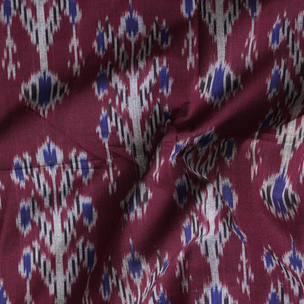 Pure Cotton Mercerised Ikkat Magenta With Grey And Blue Flower Motif Woven Fabric