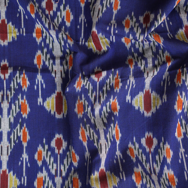 Pure Cotton Mercerised Ikkat Navy Blue With Orange And Yellow Big Flower Motif Woven Fabric