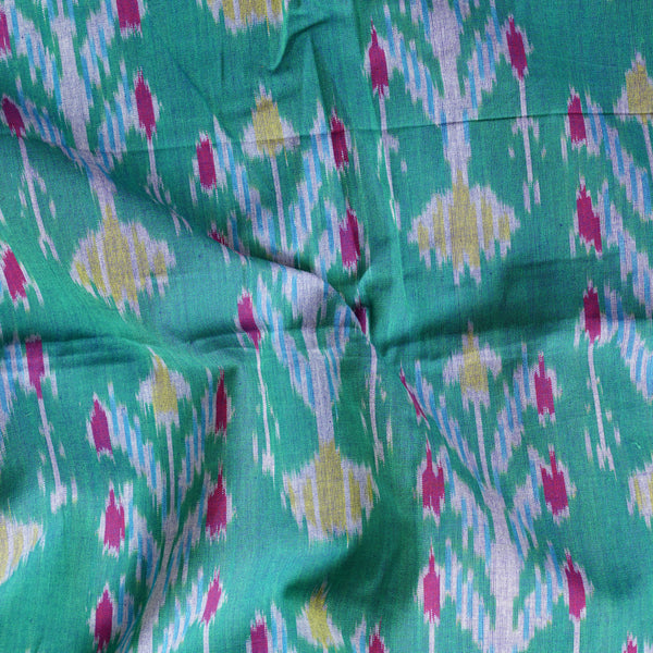 Pure Cotton Mercerised Ikkat Green With Pink And Yellow Big  Flower Motif Woven Fabric