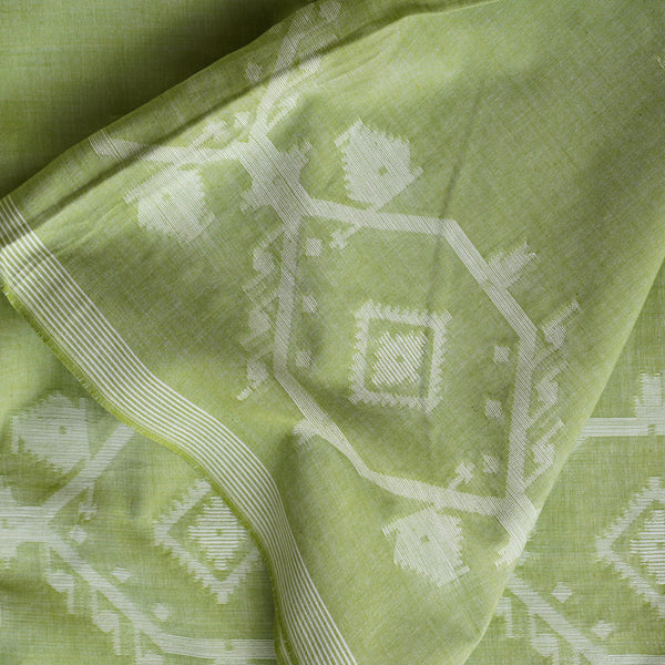 Pure Cotton Jamdani Light Green With White Diamond And Border Hand Woven Fabric