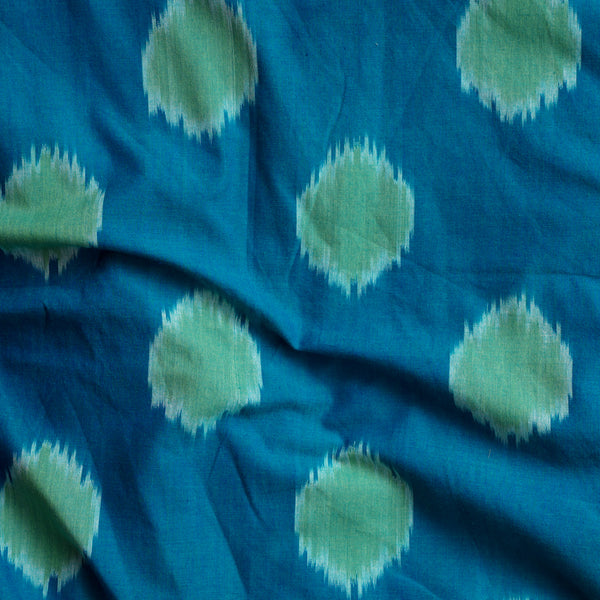 Pure Cotton Mercerised Ikkat Teal  Blue With Green Big Circle Motif Woven Fabric