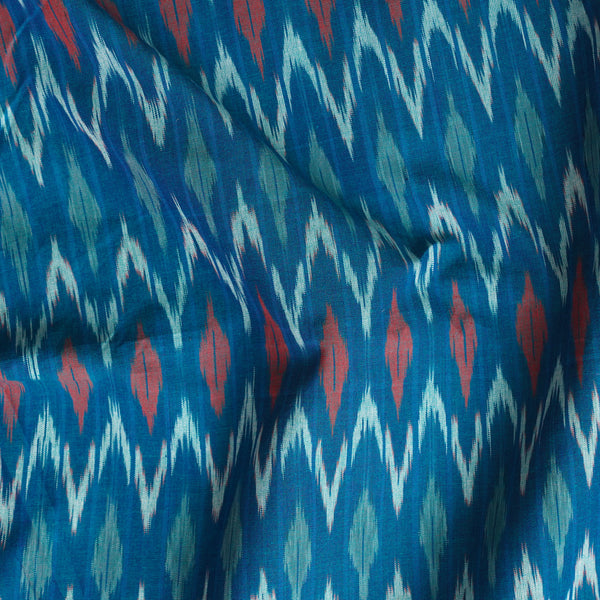 Pure Cotton Mercerised Ikkat Teal Blue With Brown And Off White Zig Zag Woven Fabric