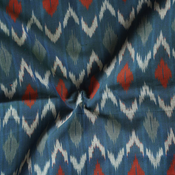 Pure Cotton Mercerised Ikkat Teal Green  With Red And Green Zig Zag  Woven Fabric