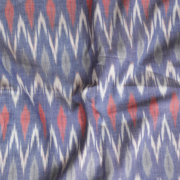 Pure Cotton Mercerised Ikkat Light Blue With White And Red Zig Zag Woven Fabric