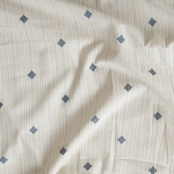 Pure Cotton Handloom Cream With Blue Stripes And Tiny Diamond Motifs Woven Fabric