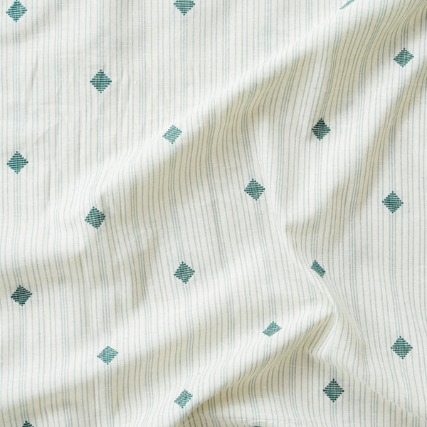 Pure Cotton Handloom Cream With Green Stripes And Tiny Diamond Motifs Woven Fabric