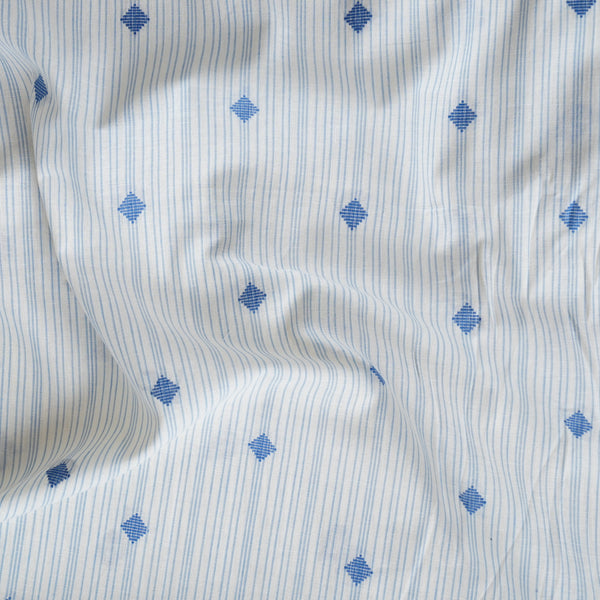 Pure Cotton Handloom White With Blue Stripes And Tiny Diamond Motifs Woven Fabric