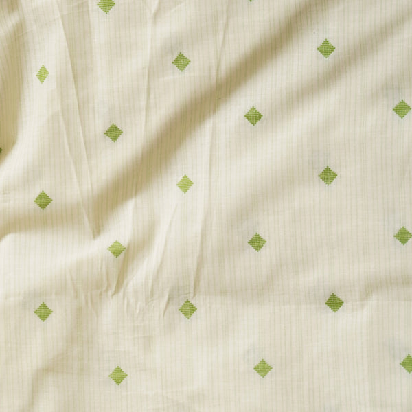 Pure Cotton Handloom Cream With Parrot Green Stripes And Tiny Diamond Motifs Woven Fabric