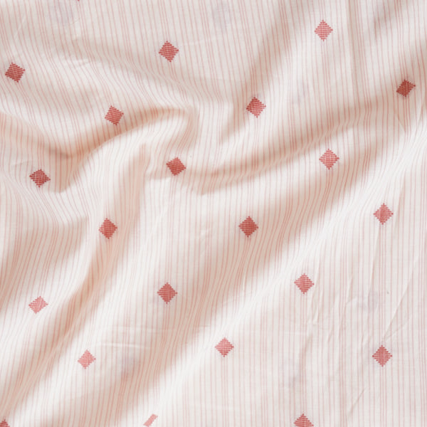 Pure Cotton Handloom Cream With Dark Peach Stripes And Tiny Diamond Motifs Woven Fabric