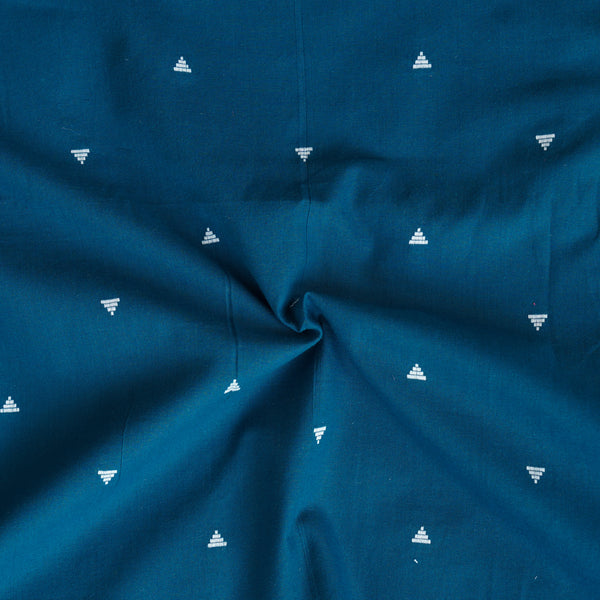 Pure Cotton Handloom Teal Blue With White Small Triangle Motif Woven Fabric