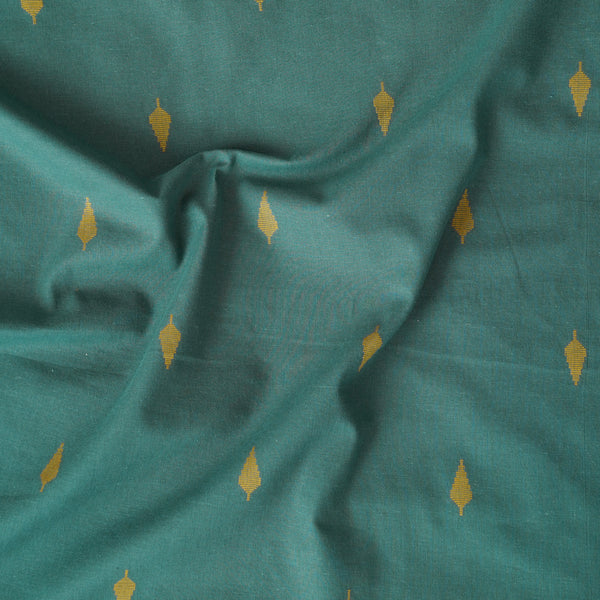 Pure Cotton Handloom Green With Yellow Leaves Motif Woven Fabric