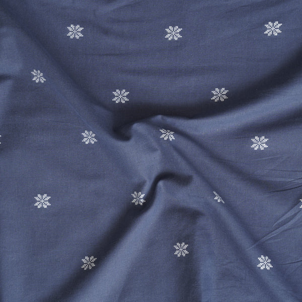 Pure Cotton Handloom Greyish Blue With White Flower Woven Fabric