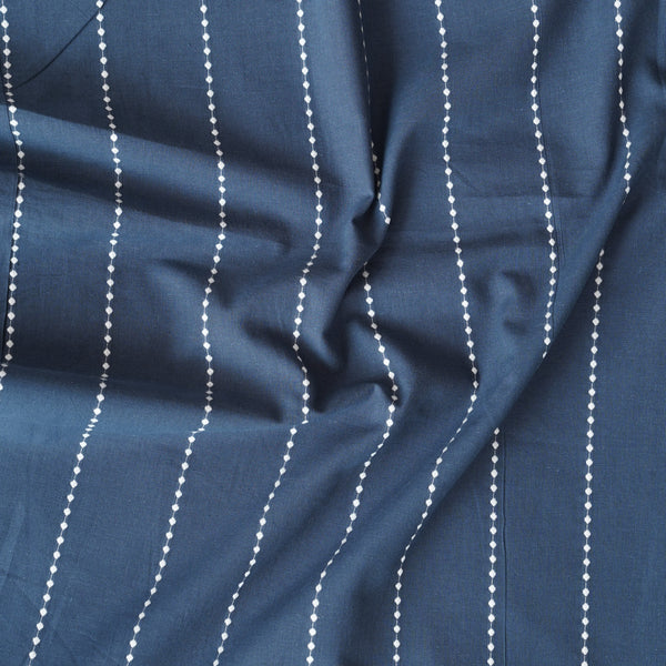 Pure Cotton Handloom Greyish Blue With White Dotted Stripes Woven Fabric