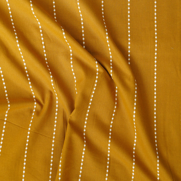 Pure Cotton Handloom Mustard With White Dotted Stripes Woven Fabric