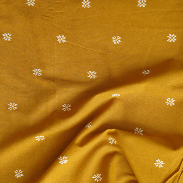 Pure Cotton Handloom Mustard With White Flower Woven Fabric