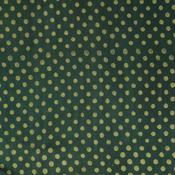 Pure Cotton Akola Dabu Green With Yellow Small Polka Dots Hand Block Print Fabric