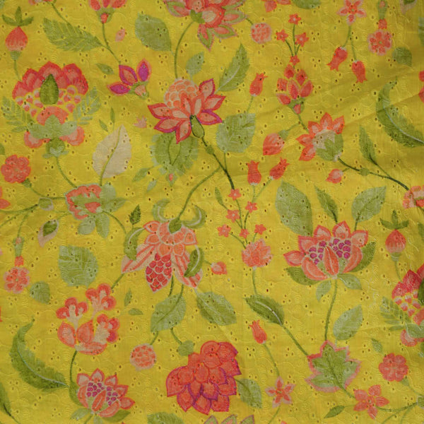 (Width 44 Inches ) Pure Cotton Hakoba Floral Yellow With Pink  Flowers Jaal  Hand Block Print Fabric