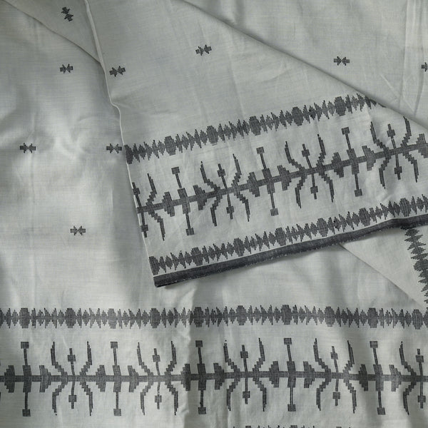 Pure Mul Cotton Soft Jamdani Pastel Grey With Black Border And Black Small Arrow Weaves Handwoven Fabric