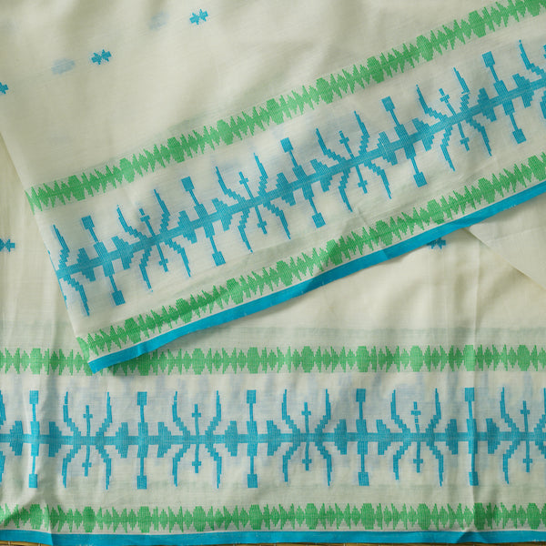 Pure Mul Cotton Soft Jamdani Cream With Green Blue Border And Blue Small Arrow Weaves Handwoven Fabric