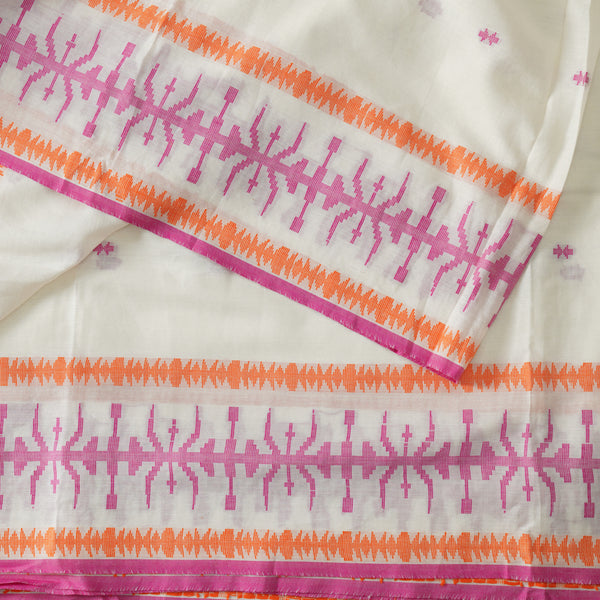 Pure Mul Cotton Soft Jamdani Cream With Green Blue Border And Pink  Small Arrow Weaves Handwoven Fabric