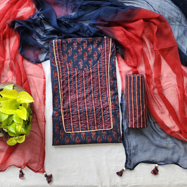 Diya-Ajrak Blue With Red With Emboiderey Yoke Suit