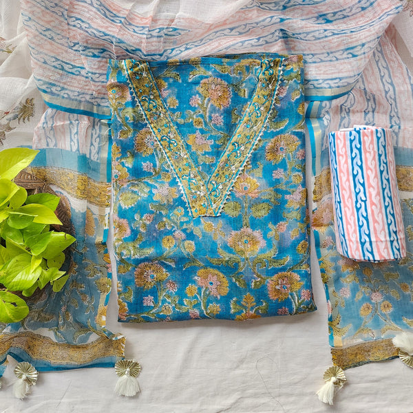 Diya-Kota Dori Blue Jaipuri Print With V Neck Suit