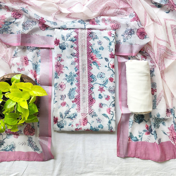 Diya-Linen Cotton Pink Flower Jaal With Lace Yoke Suit